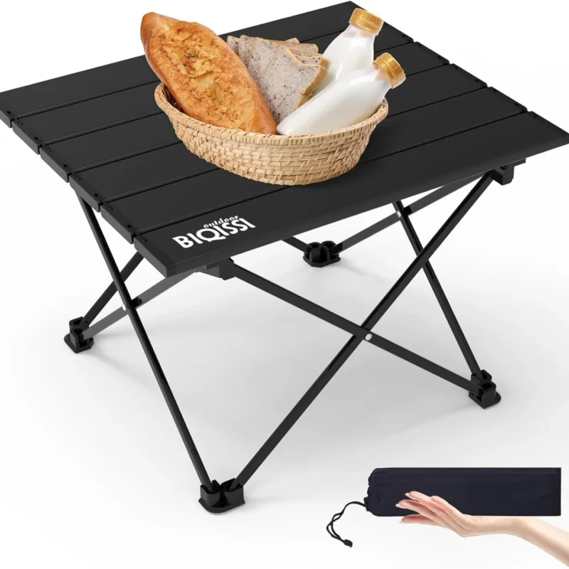 Portable Small Camping Table, Compact Camping Side Table with Carrying Bag, Ultralight Aluminum Beach Table Folding for Hiking, Camping, Picnicking, BBQ, Outdoor Cooking (Black Small 16")