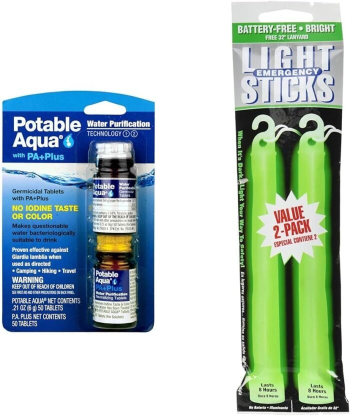 Potable Aqua Water Purification Tablets 2-50ct Bottles and Ready America 8-Hour 2-Pack Green Emergency Lighsticks