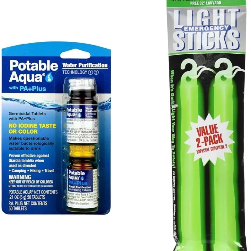 Potable Aqua Water Purification Tablets 2-50ct Bottles and Ready America 8-Hour 2-Pack Green Emergency Lighsticks