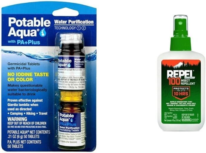 Potable Aqua Water Purification Tablets Two 50ct Bottles and Repel 100 Insect Repellent Pump Spray 4-Fluid Ounces 10-Hour Protection