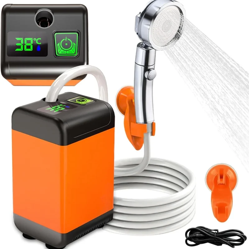 QJWDB Portable Shower for Camping: Outdoor Electric Shower Rechargeable Pump with Intelligent Digital Display - 3 Flow Mode Shower Head for Beach Field Camping Hiking Traveling Washing