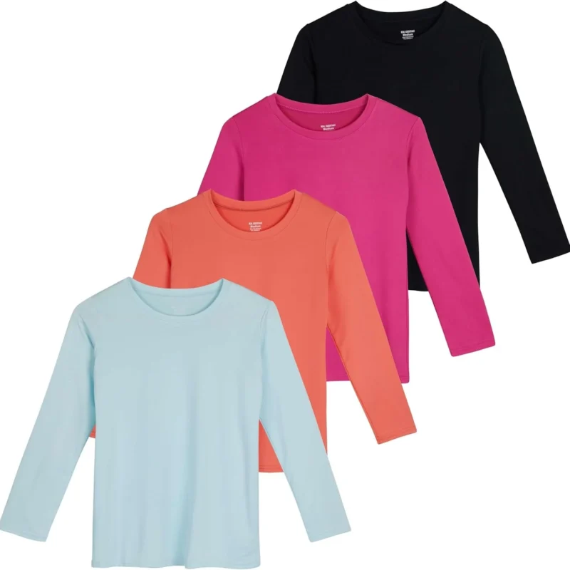 Real Essentials 4 Pack: Girls Dry-Fit Long Sleeve Active Crew Neck T-Shirt - Super Soft Tee