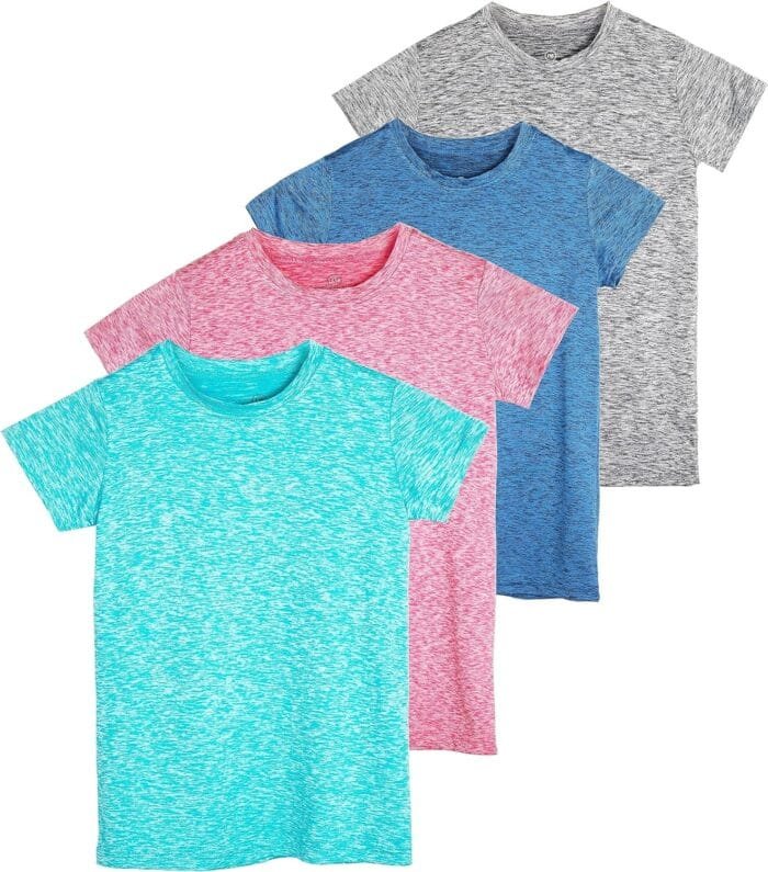 Real Essentials 4 Pack: Girls Short Sleeve Dry-Fit Crew Neck Active Athletic Performance T-Shirt