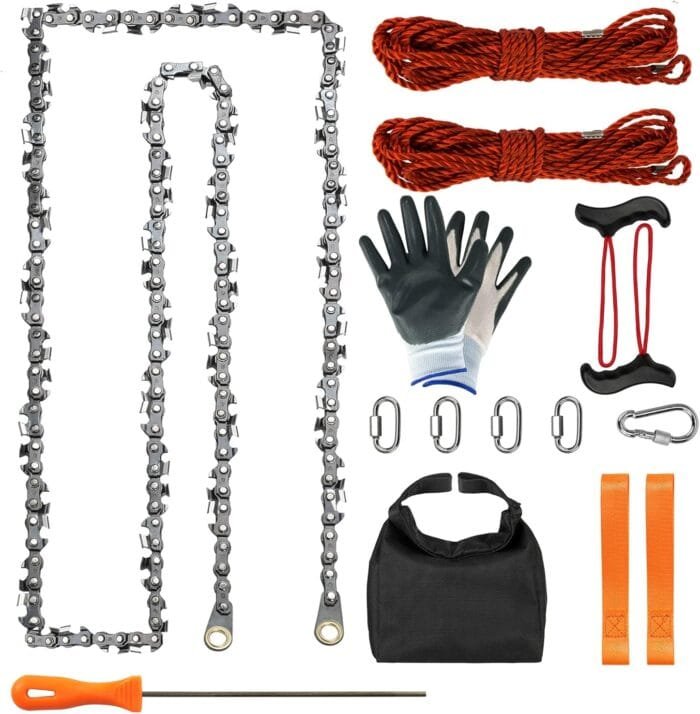 Rope Saw for Tree Limbs, 55 Inch Rope Chain Saw with 70 Sharp Teeth ＆ 46 Feet Ropes Kit, Rope Saw Tree Saw High Limb Rope Chainsaw, Pocket Chainsaw