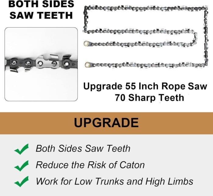 Rope Saw for Tree Limbs, 55 Inch Rope Chain Saw with 70 Sharp Teeth ＆ 46 Feet Ropes Kit, Rope Saw Tree Saw High Limb Rope Chainsaw, Pocket Chainsaw - Image 2