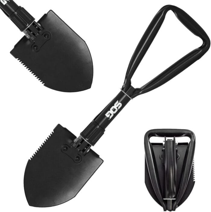 SOG Entrenching Tool- 18.25 Inch Folding Survival Shovel with Wood Saw Edge and Tactical Shovel Carry Case- Black (F08-N)