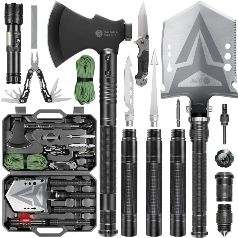 Sahara Sailor Folding Camping Shovel Axe Kit Military Grade, Multifunctional Survival Tactical Shovel with Paracord, Dual Color Flashlight, Whetstone, Emergency Gear for Camping