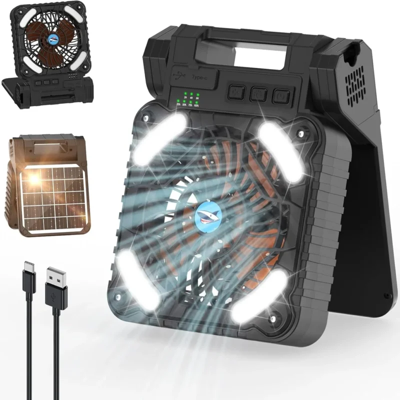 Smiling Shark Camping Fan With LED Lantern, 4 Speeds Powerful Wind Portable 12000 mAh Solar Rechargeable 90° Foldable Camp Fan With Power Bank & 3 Timer Cordless Tent Fan For Camping Fishing Hiking