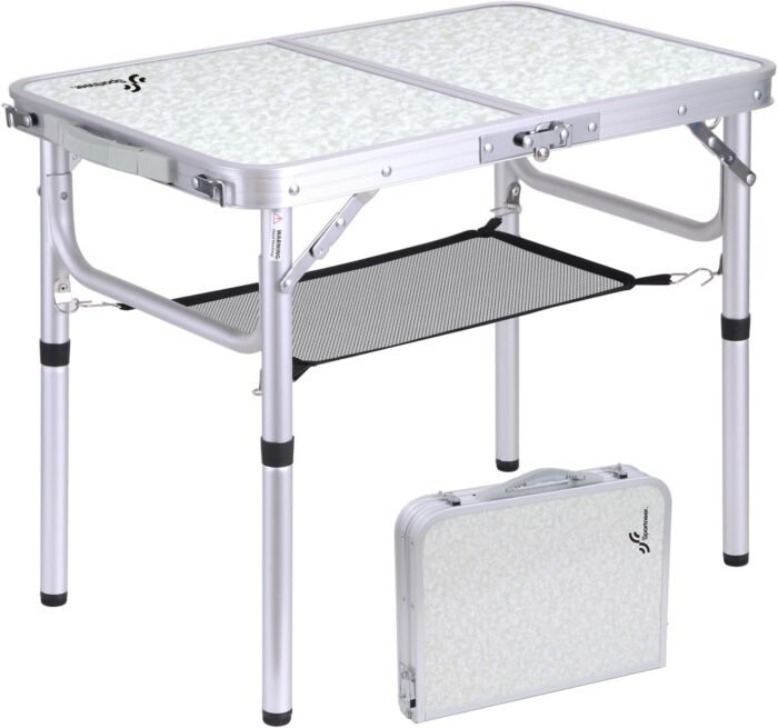 Sportneer Folding Camping Table, Adjustable Height Small Folding Table Portable Camp Tables (23.6" L x 15.7" W (2 Height)) with Mesh Layer for Outdoor Camp Garden Picnic BBQ Dining Cooking