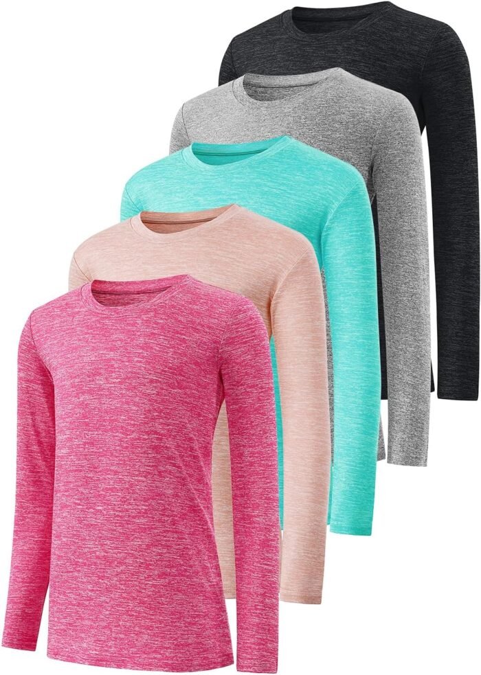 Star Vibe 5-Pack Girls Long Sleeve Athletic Shirts Dry Fit Crew Neck Active Performance T-Shirts for Kids Teens Workout Tops