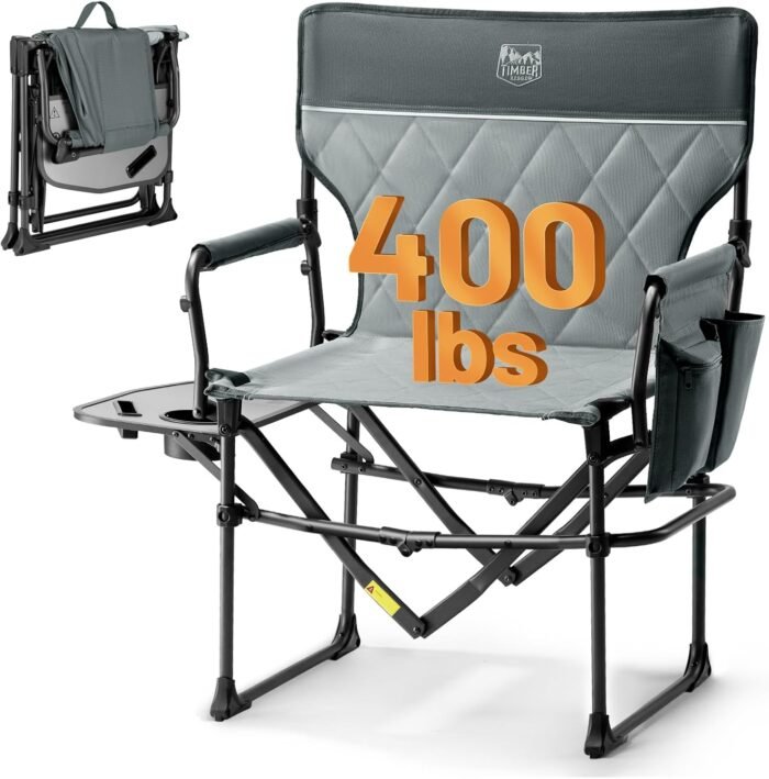 TIMBER RIDGE Heavy Duty Camping Chair with Compact Size, Portable Directors Chair with Side Table and Pocket for Camping, Lawn, Sports and Fishing, Supports up to 400lbs, Grey