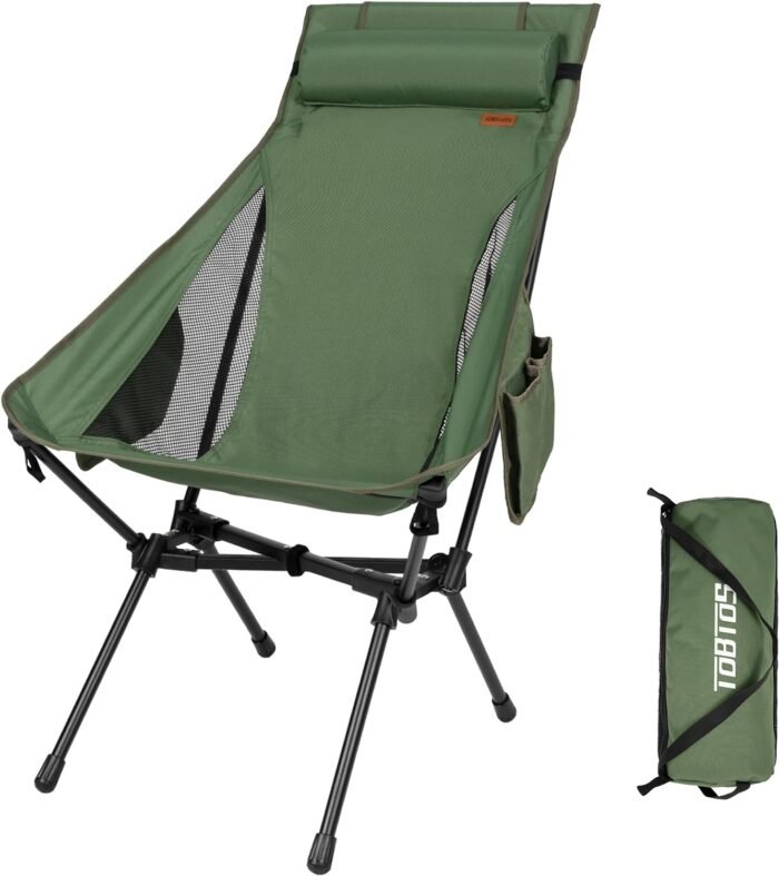 TOBTOS Portable High Back Camping Chair, Support Heavy Duty 440 lbs, Compact Folding Chair with Detachable Pillow for Camp, Hiking, Backpacking (Green)