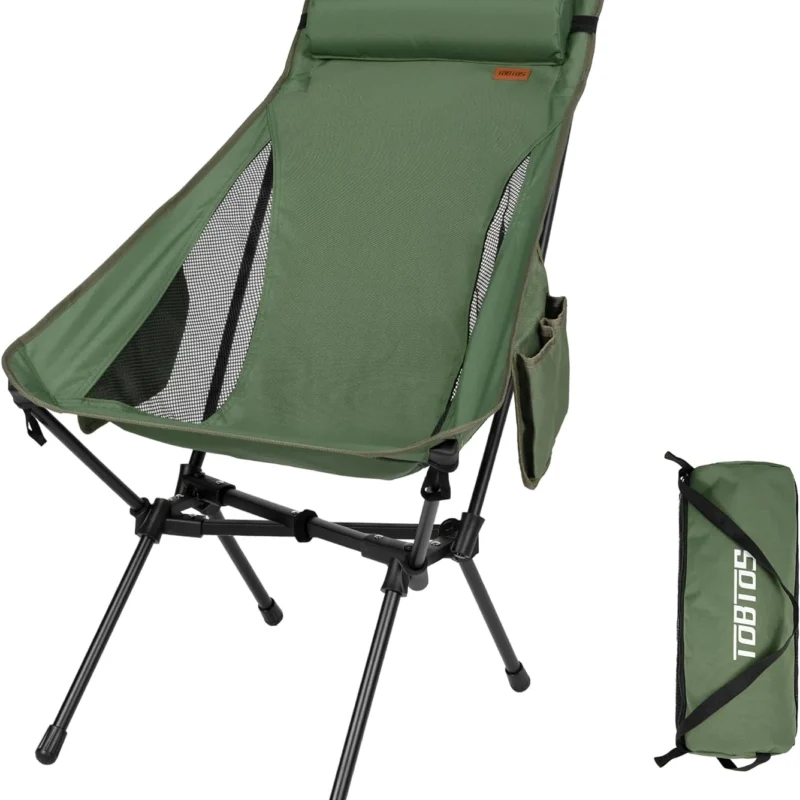 TOBTOS Portable High Back Camping Chair, Support Heavy Duty 440 lbs, Compact Folding Chair with Detachable Pillow for Camp, Hiking, Backpacking (Green)