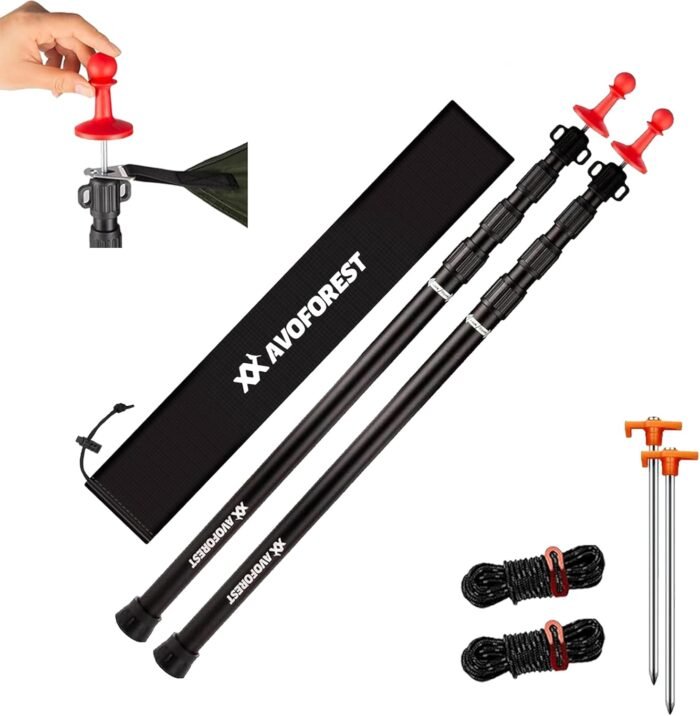 Tarp Poles Heavy Duty Adjustable, AVOFOREST Aviation Aluminum 8.7FT Tent Poles Lengthen and Thicken with Protection Cap Awning Poles Set of 2 for Hiking