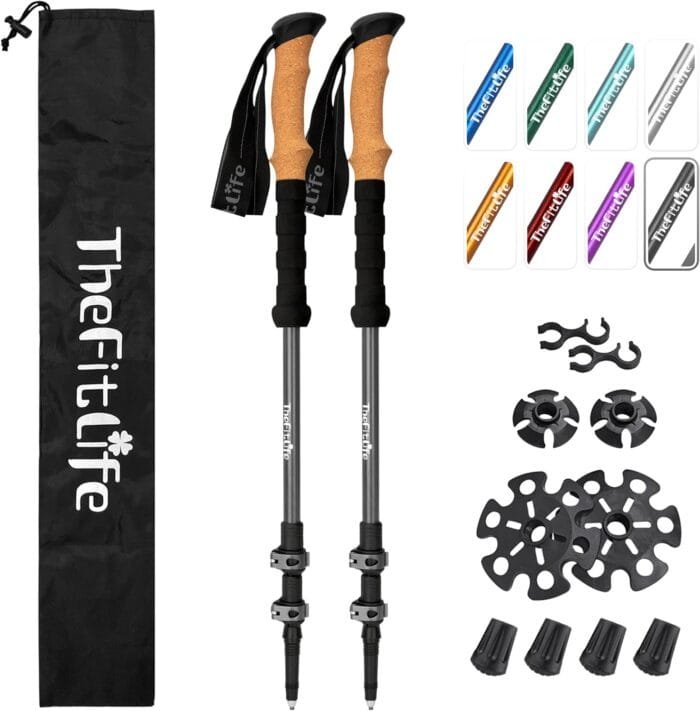 TheFitLife Trekking Poles for Hiking and Walking - Lightweight 7075 Aluminum with Metal Flip Lock and Natural Cork Grip, Walking Sticks for Men, Women, Collapsible, Telescopic, Camping Gear