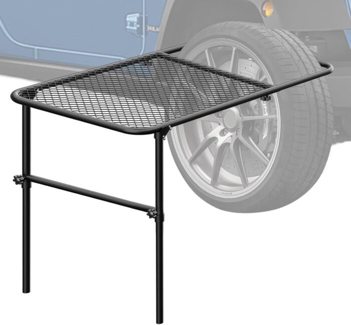 Tire Table Vehicle Tire Mounted Steel Camping Table Car Portable Adjustable Travel Camping Table Outdoor Folding Table Lightweight Tire Table for Outdoor, Picnic, Camp, Beach, Travel