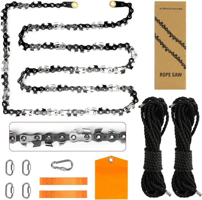 Upgrade 48 Inch High Limb Hand Rope Saw Chain Saw with 44 Feet Rope 62 Bidirectional Sharp Teeth Blades on Both Sides, Folding Pocket Chainsaw for Wood-Cutting, Camping and Field Survival Gear