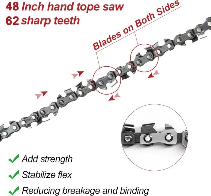 Upgrade 48 Inch High Limb Hand Rope Saw Chain Saw with 44 Feet Rope 62 Bidirectional Sharp Teeth Blades on Both Sides, Folding Pocket Chainsaw for Wood-Cutting, Camping and Field Survival Gear - Image 2