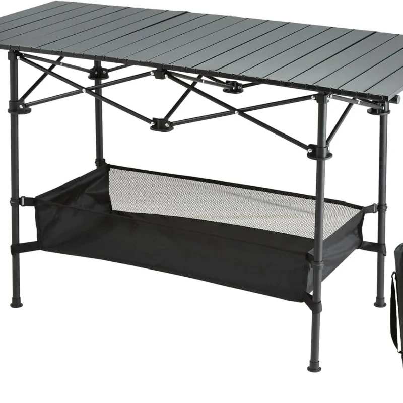 VEVOR Folding Camping Table, Aluminum Ultra Compact Outdoor Portable Fold Up Lightweight Table with Large Storage and Carry Bag, for Beach, Picnic, Travel, Backyard, BBQ, Patio, 45'' x 22'', Black