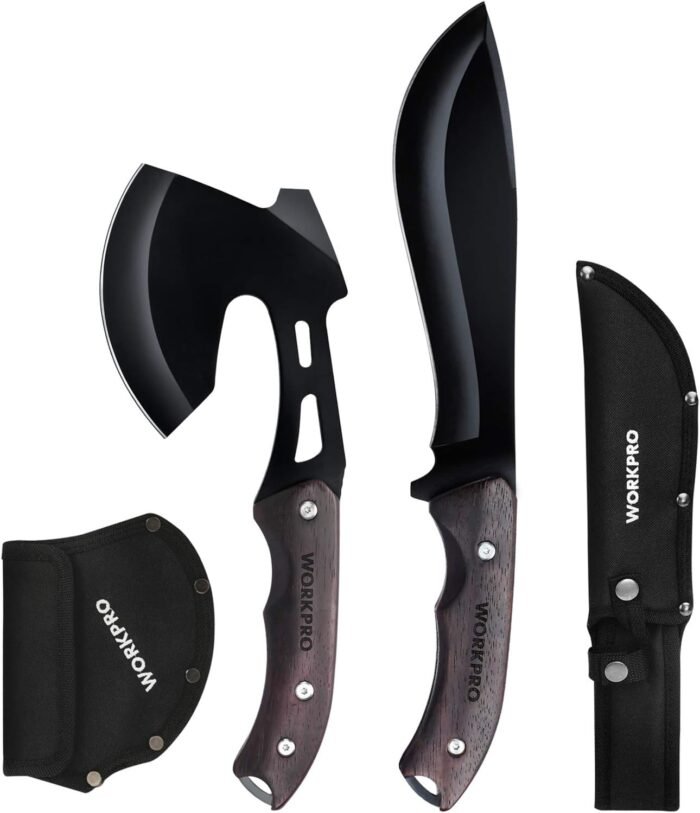 WORKPRO Axe and Fixed Blade Knife Combo Set, Full Tang, Wood Handle, for Outdoor Camping Survival Hunting, Sheath Included