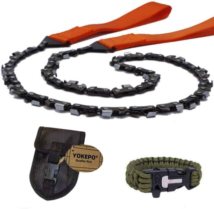 YOKEPO Survival Pocket Chainsaw Folding Hand Saw Chain 33 Serrated 3x faster 24 inch Hand Saw with Orange Straps Camping saw for Wood cutting Hiking Survival Bracelet Whistle Wristband and Firestarter