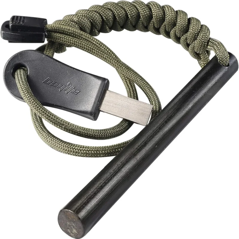bayite 4 Inch Survival Ferrocerium Drilled Flint Fire Starter, Ferro Rod Kit with Paracord Landyard Handle and Striker, 4"(Long) x 3/8"(Diameter)