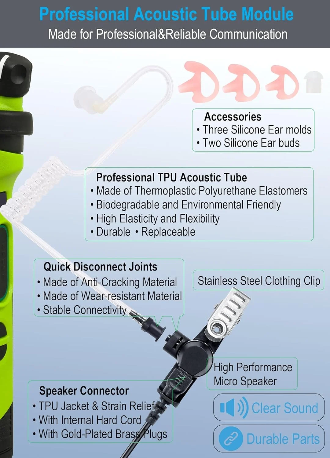 commountain 3.5mm Listen Only Earpiece for Speaker Mic of Motorola Kenwood Baofeng etc, Acoustic Tube Receive Only Headset with 3 Earmolds, for Police Security and Law Enforcement Use - Image 2