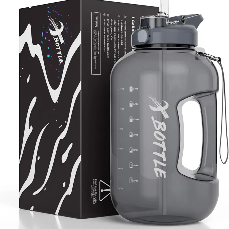 1 Gallon Water Bottle with Straw & Chug lid, BPA Free Dishwasher Safe 128oz Large Water Bottle with Motivational Time Marker and Handle Leak-proof Big Water Jug for Camping Sports Workouts