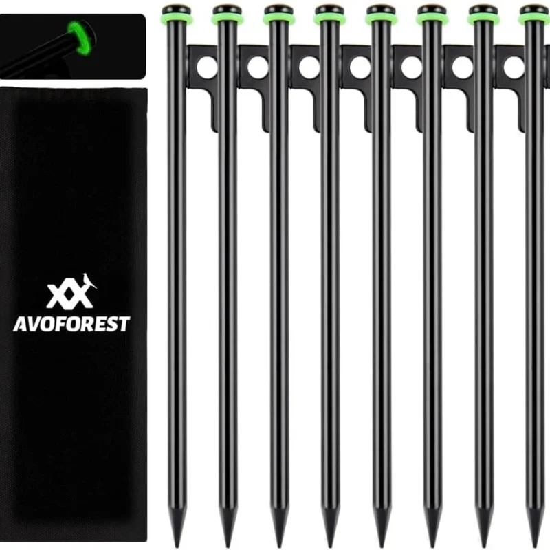 12Inch Heavy Duty Tent Stakes, 8PCS Tent Pegs Metal+Fluorescent Silicone Rings+ Storage Bag for Camping