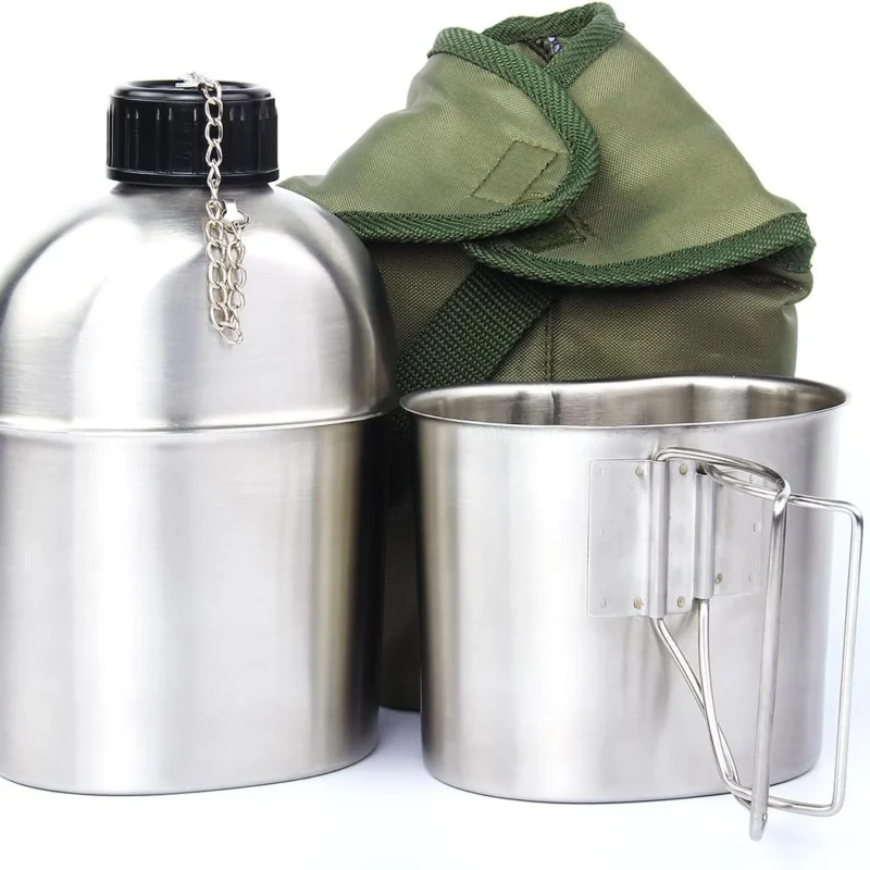 1.2QT Portable Water Bottle Stainless Steel Military Canteen with Cup Green Bag Outdoor Sport Camping Hiking Travel