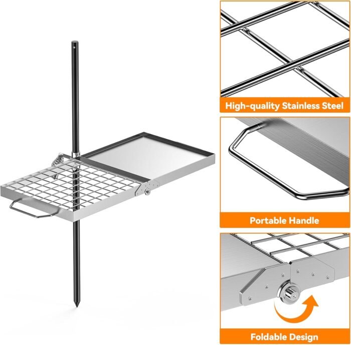 Skyflame Swivel Campfire Grill, 2 in 1 Stainless Steel Folding Camping Grill Grate and Griddle with Carrying Bag, Adjustable Campfire Grill for Fire Pit, Outdoor Open Flame Cooking - Image 3