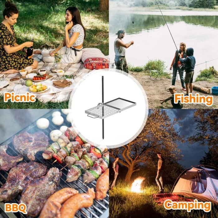 Skyflame Swivel Campfire Grill, 2 in 1 Stainless Steel Folding Camping Grill Grate and Griddle with Carrying Bag, Adjustable Campfire Grill for Fire Pit, Outdoor Open Flame Cooking - Image 7