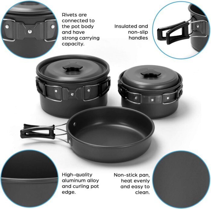 Odoland 15pcs Camping Cookware Mess Kit, Non-Stick Lightweight Pots Pan Set with Stainless Steel Cups Plates Forks Knives Spoons for Camping, Backpacking, Outdoor Cooking and Picnic - Image 3