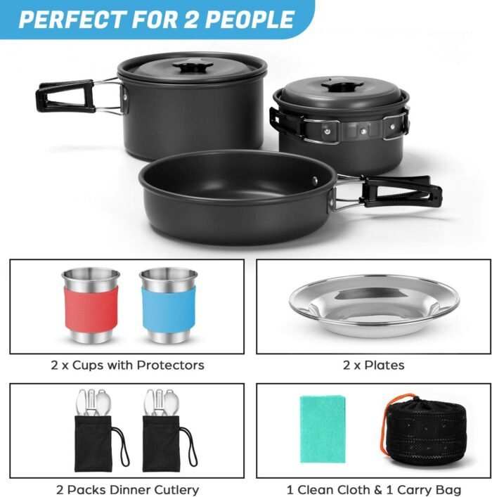 Odoland 15pcs Camping Cookware Mess Kit, Non-Stick Lightweight Pots Pan Set with Stainless Steel Cups Plates Forks Knives Spoons for Camping, Backpacking, Outdoor Cooking and Picnic - Image 9