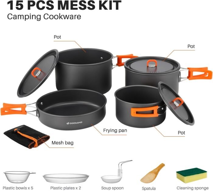 Odoland 15pcs Camping Cookware Non-Stick Lightweight Camping Pots and Pans Set with Plastic Plates Bowls Soup Spoon for Camping, Backpacking, Outdoor Cooking and Picnic - Image 3