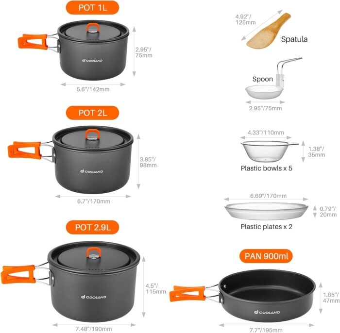 Odoland 15pcs Camping Cookware Non-Stick Lightweight Camping Pots and Pans Set with Plastic Plates Bowls Soup Spoon for Camping, Backpacking, Outdoor Cooking and Picnic - Image 4