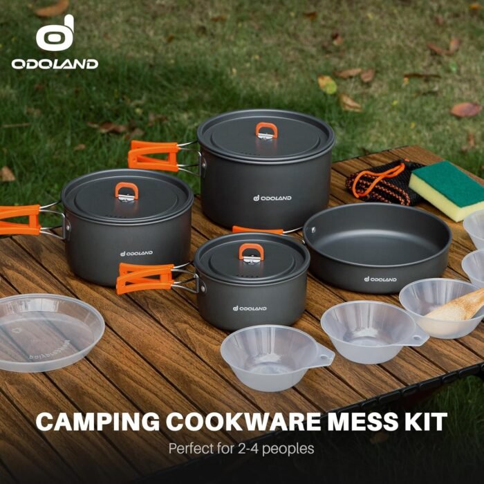 Odoland 15pcs Camping Cookware Non-Stick Lightweight Camping Pots and Pans Set with Plastic Plates Bowls Soup Spoon for Camping, Backpacking, Outdoor Cooking and Picnic - Image 6