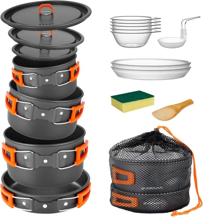 Odoland 15pcs Camping Cookware Non-Stick Lightweight Camping Pots and Pans Set with Plastic Plates Bowls Soup Spoon for Camping, Backpacking, Outdoor Cooking and Picnic - Image 7