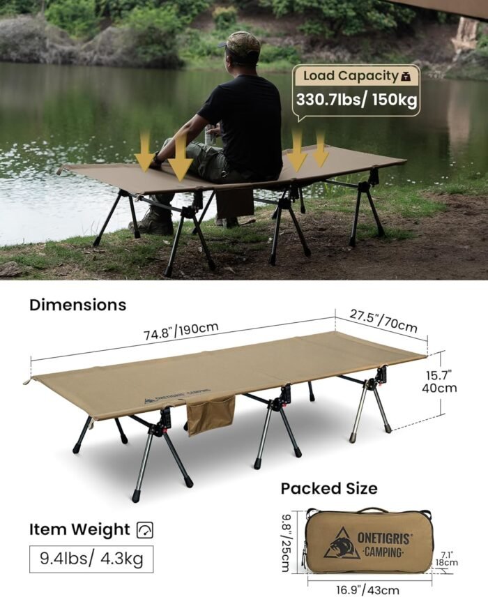 OneTigris SUPRANUBIS Camping Cot, Height Adjustable with Cot Leg Extenders, Strong Support 330lbs, Lightweight Comfortable Folding Bed for Camping, Hiking, Travel, Truck, Beach, Office Nap - Image 5