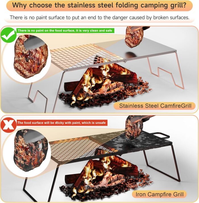 Folding Campfire Grill, 23.6" Heavy Duty Stainless Steel Camping Grill, Camping Grates Over Fire Pit, Portable Outdoor Folding Campfire Grill for BBQ Camping - Image 3