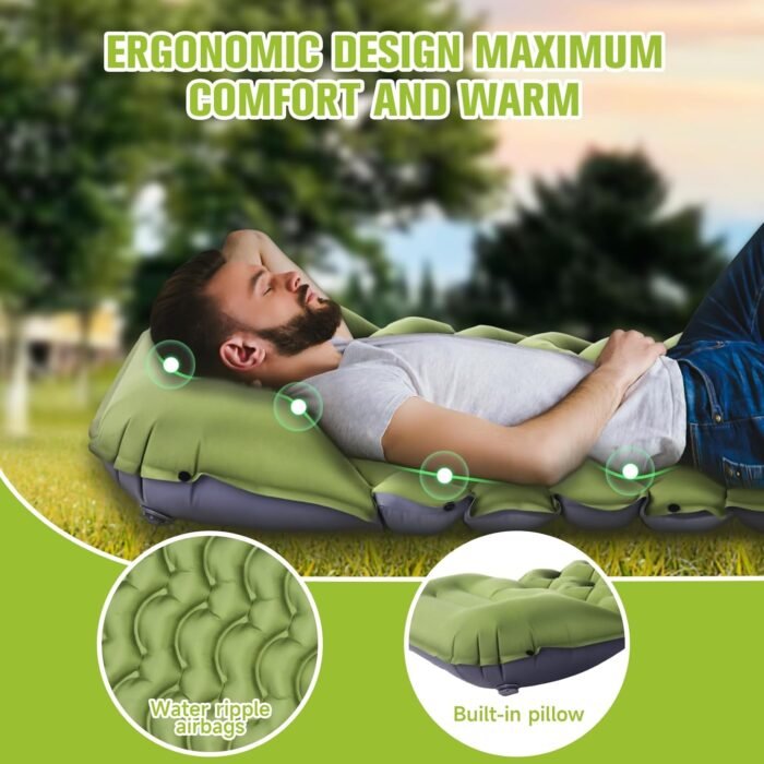 Sleeping Pad, Ultralight Inflatable Sleeping Pad for Camping with Pillow, Built-in Pump, Ultimate for Camping, Hiking - Airpad, Carry Bag, Repair Kit, Compact & Lightweight Camping Pad(Green) - Image 3