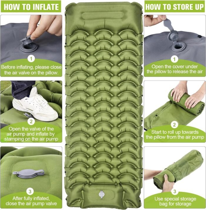 Sleeping Pad, Ultralight Inflatable Sleeping Pad for Camping with Pillow, Built-in Pump, Ultimate for Camping, Hiking - Airpad, Carry Bag, Repair Kit, Compact & Lightweight Camping Pad(Green) - Image 5