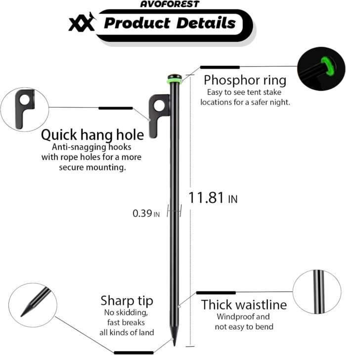 12Inch Heavy Duty Tent Stakes, 8PCS Tent Pegs Metal+Fluorescent Silicone Rings+ Storage Bag for Camping - Image 3