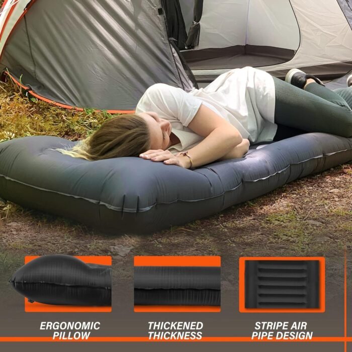 TOBTOS Inflatable Camping Sleeping Pad with Pillow, Thick 6 Inch Ultralight Sleeping Pad with Built-in Pump, Lightweight Sleeping Mat for Camping, Backpacking, Hiking, Tent (Grey) - Image 4