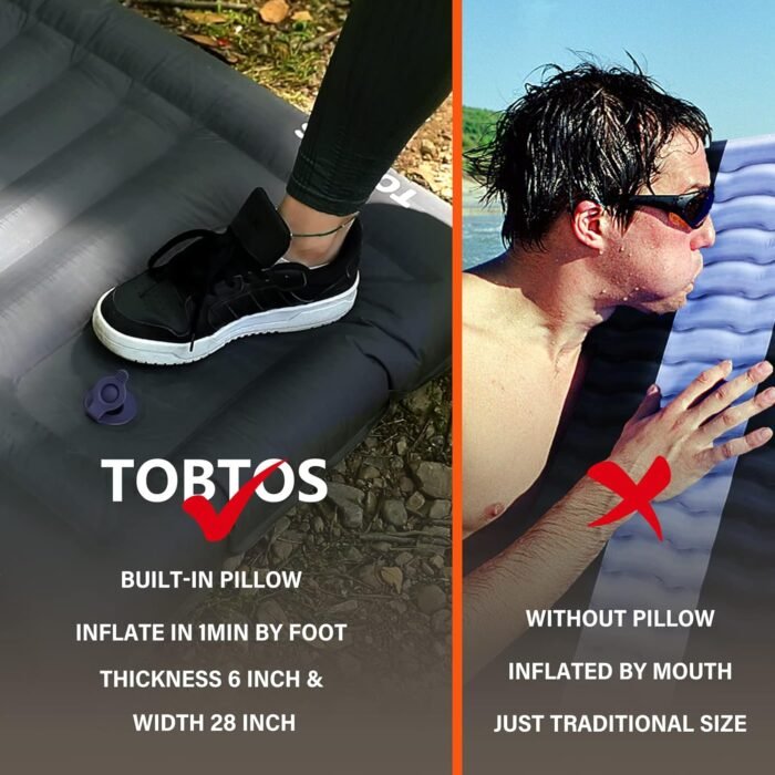 TOBTOS Inflatable Camping Sleeping Pad with Pillow, Thick 6 Inch Ultralight Sleeping Pad with Built-in Pump, Lightweight Sleeping Mat for Camping, Backpacking, Hiking, Tent (Grey) - Image 7