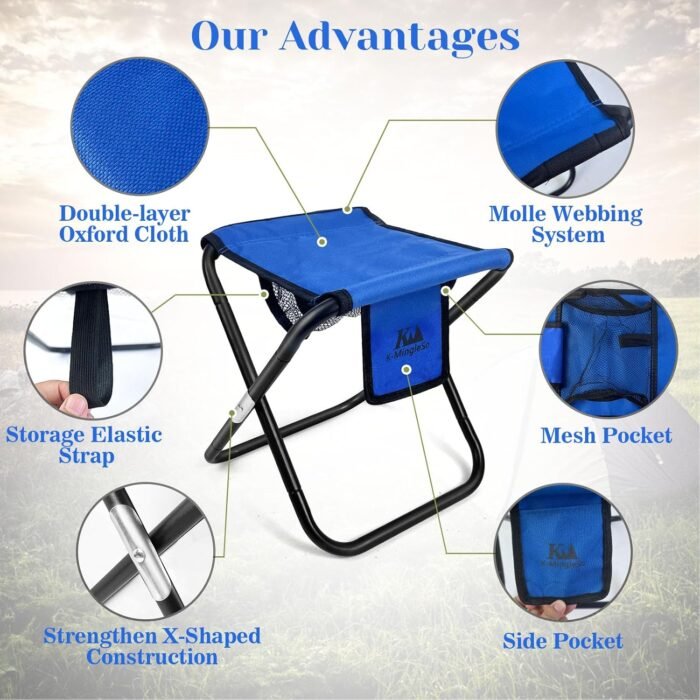 Upgraded 13 Inch Portable Folding Camping Stool with Side Pocket Mesh Pocket and Molle System, Lightweight Foldable Stool for Adults Gardening Travel BBQ Fishing with Carry Bag[Blue] - Image 4