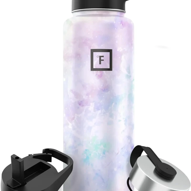 IRON °FLASK Camping & Hiking Hydration Flask, Wide Mouth, 3 Straw Lids, Stainless Steel Outdoor Water Bottle, Double Walled, Insulated Thermos, Metal Canteen - Pearl, 40 Oz