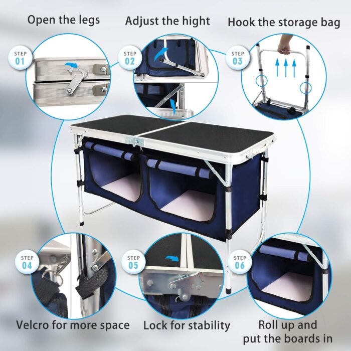 Folding Camping Table with Storage Compartment Aluminum Lightweight Camp Kitchen Table Height Adjustable Indoor/Outdoor Table Perfect for Tailgating, Backyards, BBQ,Picnic, Black - Image 7