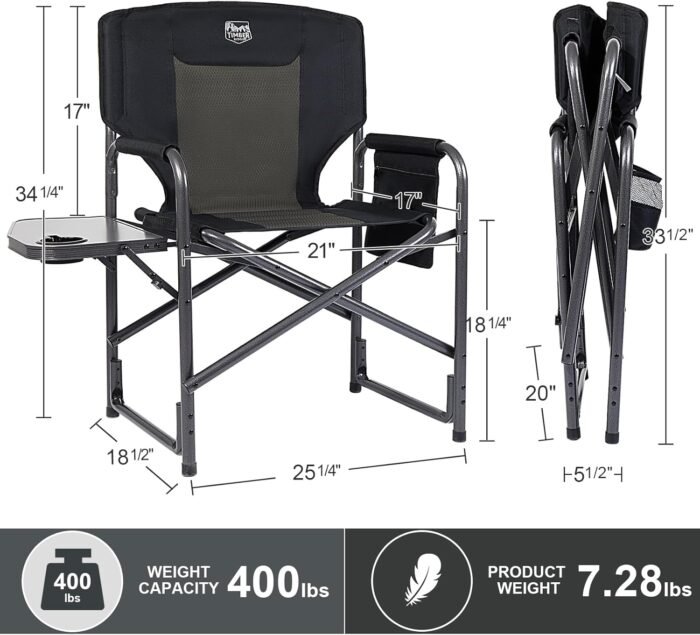 TIMBER RIDGE Lightweight Oversized Camping Chair, Portable Aluminum Directors Chair with Side Table Detachable Side Pocket for Outdoor Camping, Lawn, Picnic, Support 400lbs Black 2 Pack - Image 3