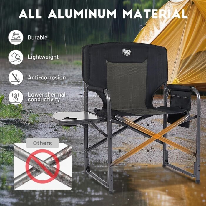 TIMBER RIDGE Lightweight Oversized Camping Chair, Portable Aluminum Directors Chair with Side Table Detachable Side Pocket for Outdoor Camping, Lawn, Picnic, Support 400lbs Black 2 Pack - Image 4